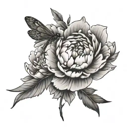 Peony Flowers And A Little Dragonfly Flying