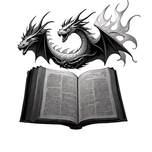 A Flaming Book With Oven Background And A Flying Dragon