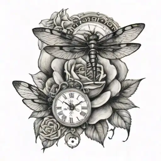 Rose With A Dragonfly Perched With A Clock Face