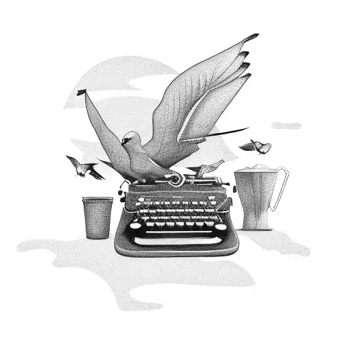 A Typewriter Surrounded By Coffee Beans And Birds Flying Above It