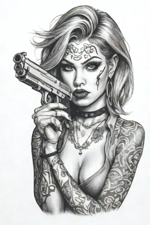 Sexy Woman With Gangster Tattoos In Her Face Holding A Gun