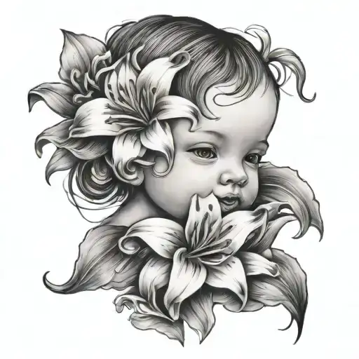Face Of A Baby Girl With Lilies