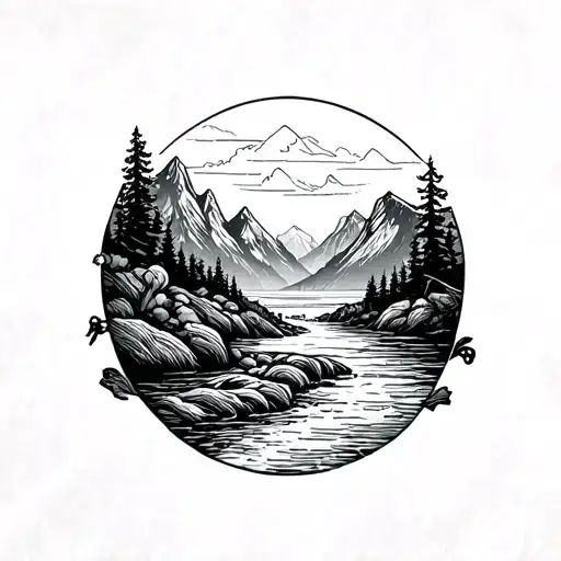 Line Work Tattoo Of A River Flowing Up Side Then Down Arm Into A Mountain Range