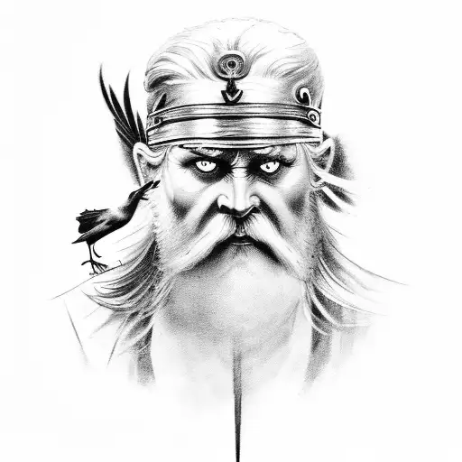 A Black-grey Tattoo Of Odin Holding A Crow In His Hand