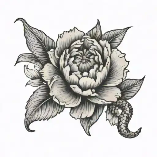 Peony And Lily Flower With Small Snake