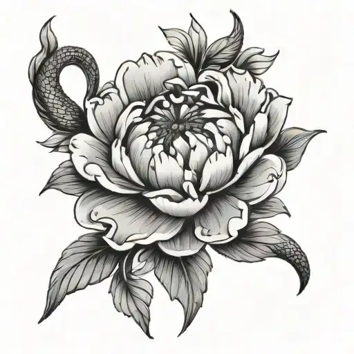Peony And Lily Flower With Small Snake