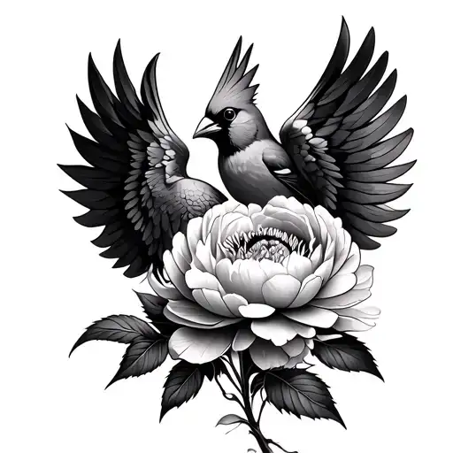 Cardinal Bird Wings Spread In Front Of A Peony