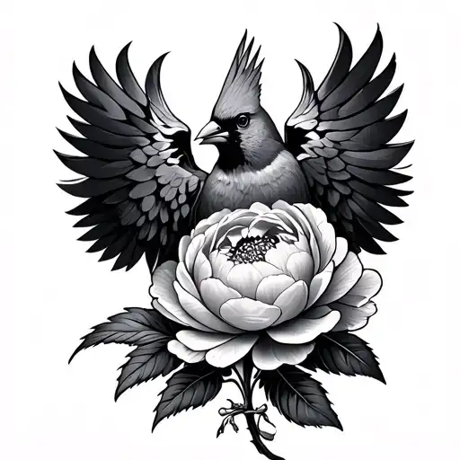 Cardinal Bird Wings Spread In Front Of A Peony