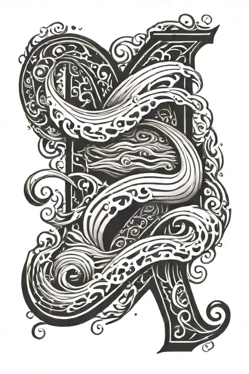 Write Ocean With Letters In Grec In Vertical With A Wave In The Middle Of The Word