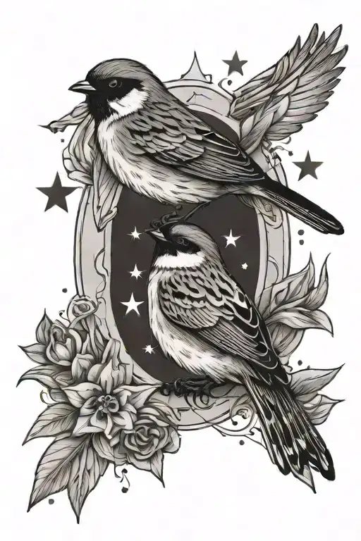 2 Sparrows Circleing Around Eachother With A Star In The Middle