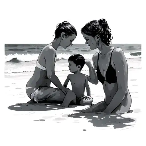 Mom And Two Sons On Beach