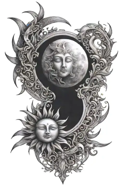 Sun And Moon Tattoo Between Shoulder Blades