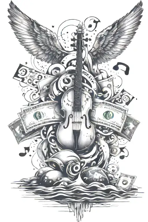 A Cosmic Ocean Scene With Money Floating In The Water And Music Notes In The Sky