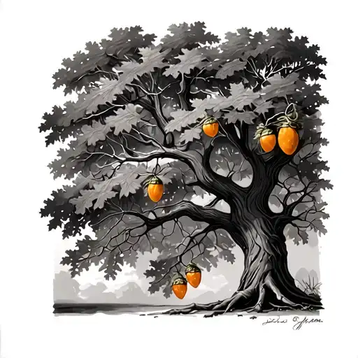 Oak Tree With Amber Acorns