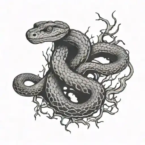 Oroborus Snake Surrounding Trees Branch And Roots