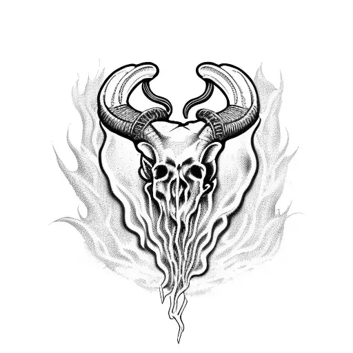 A Death Metal Band Logo Featuring A Ram Skull Surrounded By Flames