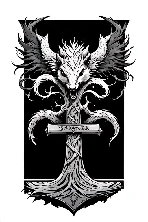 Mjolnir Yggdrasil Tattoo With Ratatoskr Running Up Yggsristril