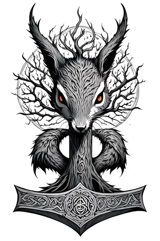 Mjolnir Yggdrasil Tattoo With Ratatoskr