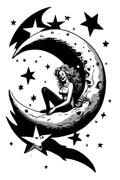Woman Clown Sitting On The Moon Inside Surrounded By Stars