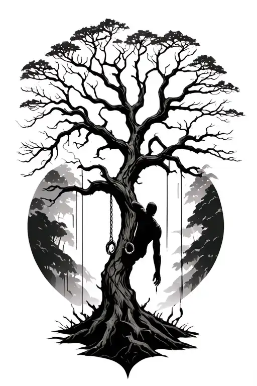 Death Tree With A Mans Silliouette Hanging By A Rope From It