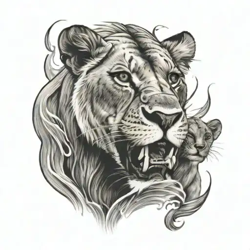 Fierce Lioness Defending Its Family In Water In Sun