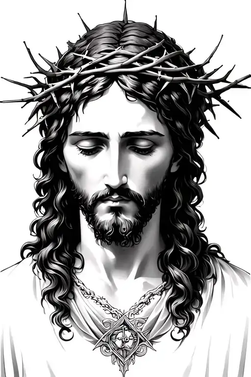 Mother Mery Looking Over Jesus Christ With Crown Of Thorns