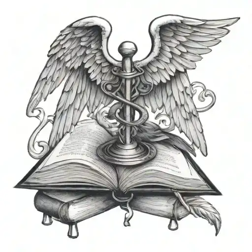 Caduceus With Bird Wings Spread Wide In Open Book Open In Front Atop Stack Of Books