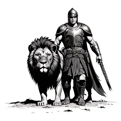 Spartan Soldier Standing Next To A Lion