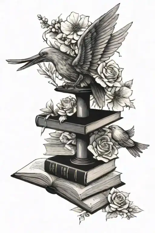Caduceus With Bird Wings Spread Wide In Open Book Atop Stack Of Books Surrounded By Flowers