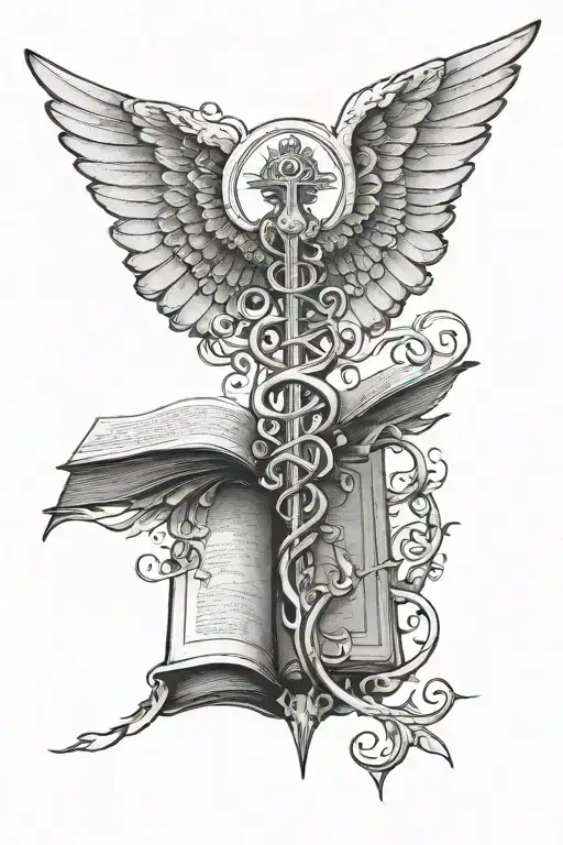 Caduceus With Bird Wings Spread Wide In Book Open