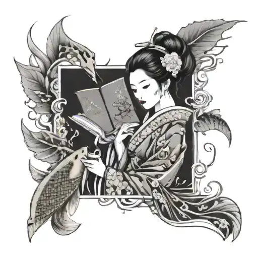 A Geisha Reading A Book Underwater Surrounded By Koi