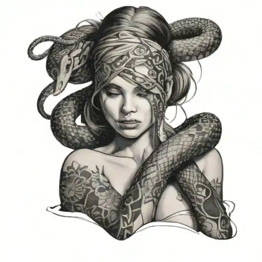 Blindfolded Topless Girl With Snake Wrapped Around Her
