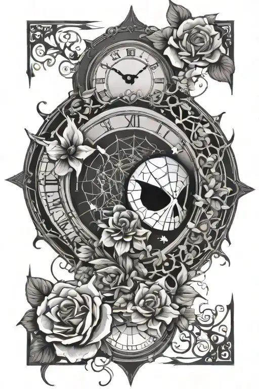 Spider Web With A Clock Inside With Flowers Growing And An Eye