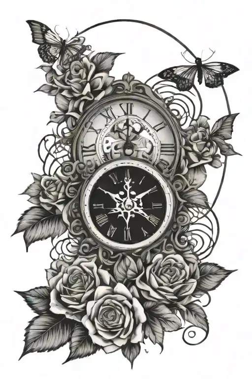 Spider Web With A Clock Face In Roman Numerals And Flowers Growing Around It With A Persons Eye