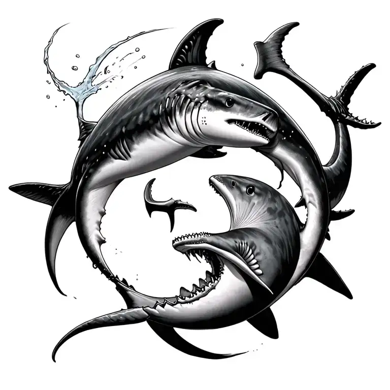 A Whale Shark And A Hammer Head Shark Like Chasing Eachother In A Yin Yang Kinda Design