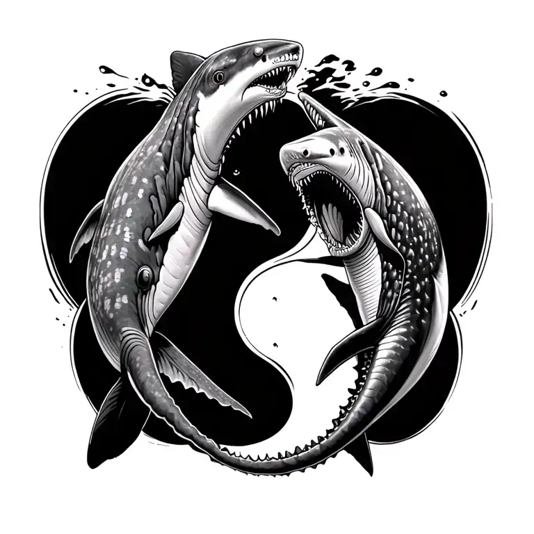 A Whale Shark And A Hammer Head Shark Like Chasing Eachother In A Yin Yang Design