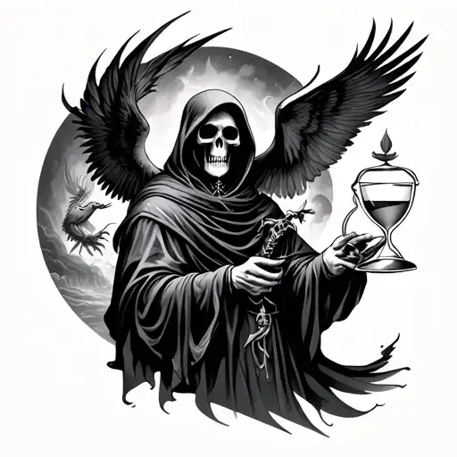 Grim Reaper Holding An Hour Glass With Phoenix Rising