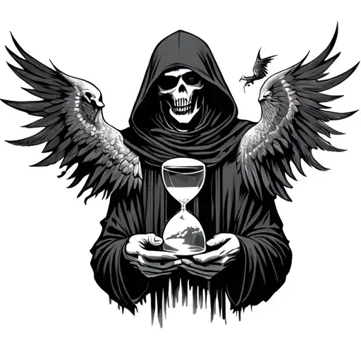 Grim Reaper Hood With Cloaked Hands Holding An Hour Glass With Phoenix Rising