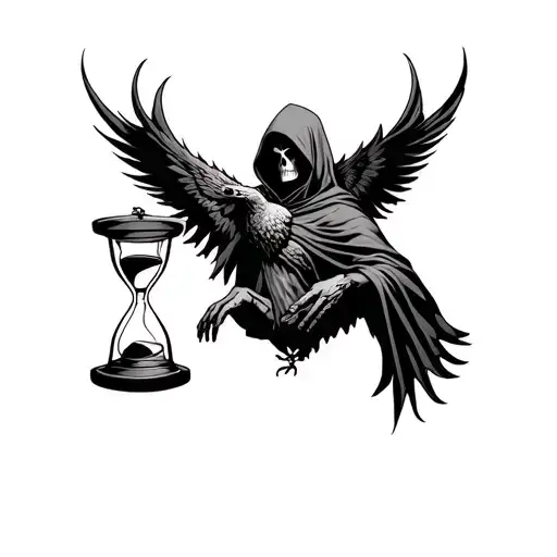 Grim Reaper Hood With Phoenix Rising Out Of The Hood With Cloaked Hands Holding An Hour Glass