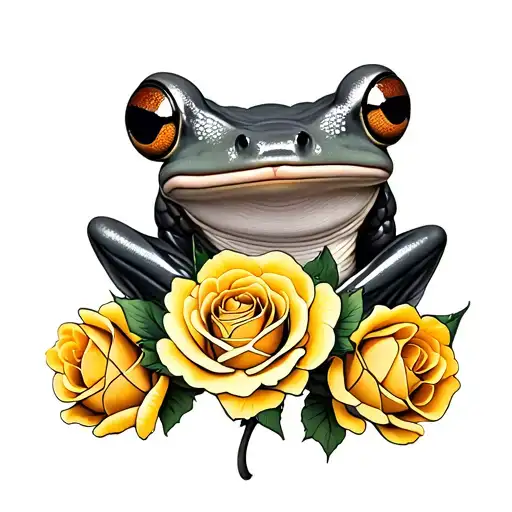 Frog And Five Yellow Roses Intertwined