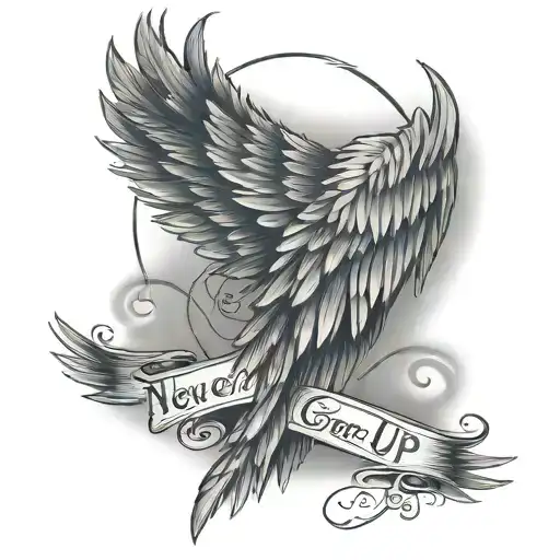 Feathered Wing Tattoo With Never Give Up Writing