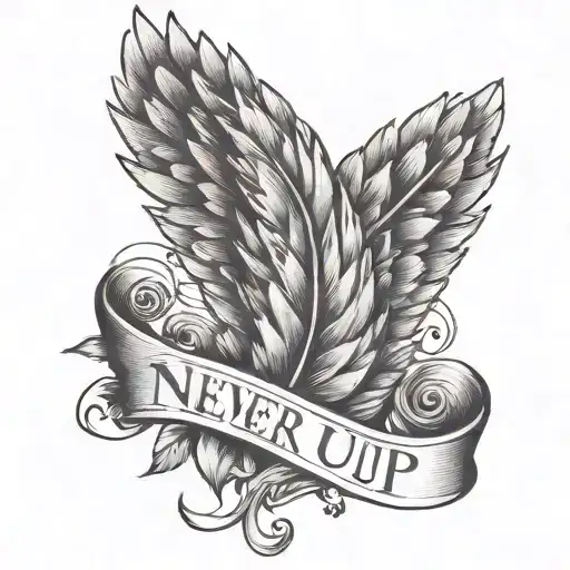 Tattoo With A Feathered Wing With The Writing Never Give Up And A Woman's Lips