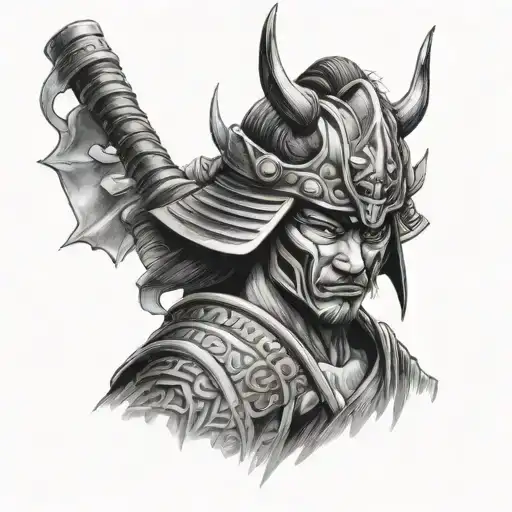 Samurai Warrior And Oni Mask