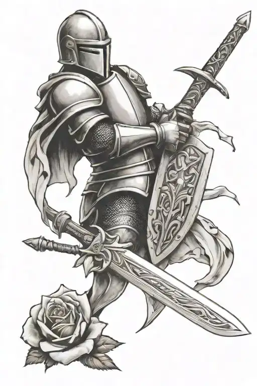 Knight Holding Sword Tattoo With Roses