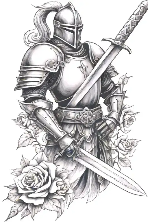 Knight Holding Sword Tattoo With Roses