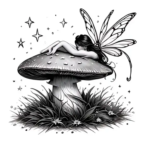 A Mushroom With A Fairy Laying On It And Twinkling Stars Around