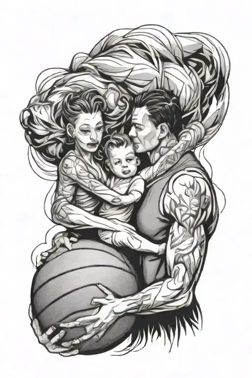 Basketballl With Husband Wife Annd Baby Palming The Ball