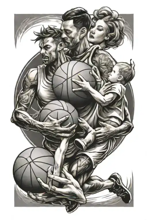 Basketballl With Husband Wife And Baby Palming The Ball