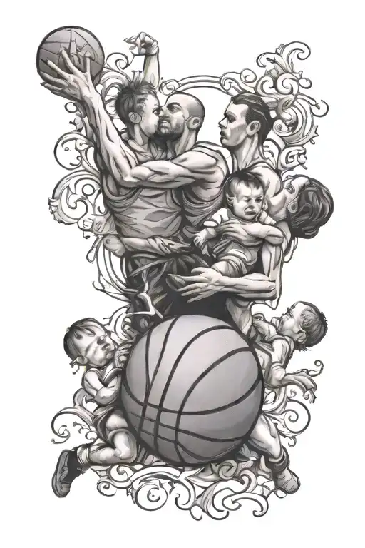 Basketballl With Husband Wife And Baby Palming The Ball