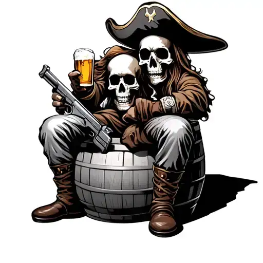 Skull Pirate Sitting On A Barrel Holding A Gun And Beer